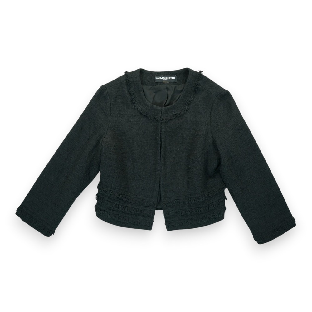 Karl Lagerfeld Paris Black Fringe‎ Cropped Tweed Jacket Blazer Small